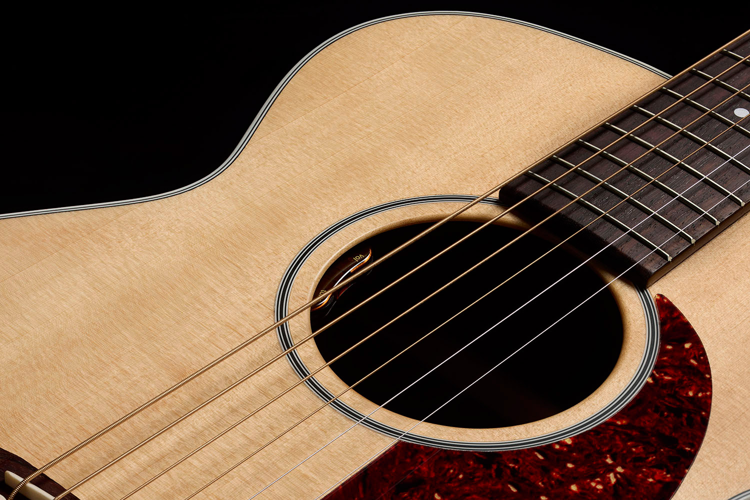Close-up of M-50E Standard Natural soundhole showcasing L.R. Baggs Element VTC pickup system