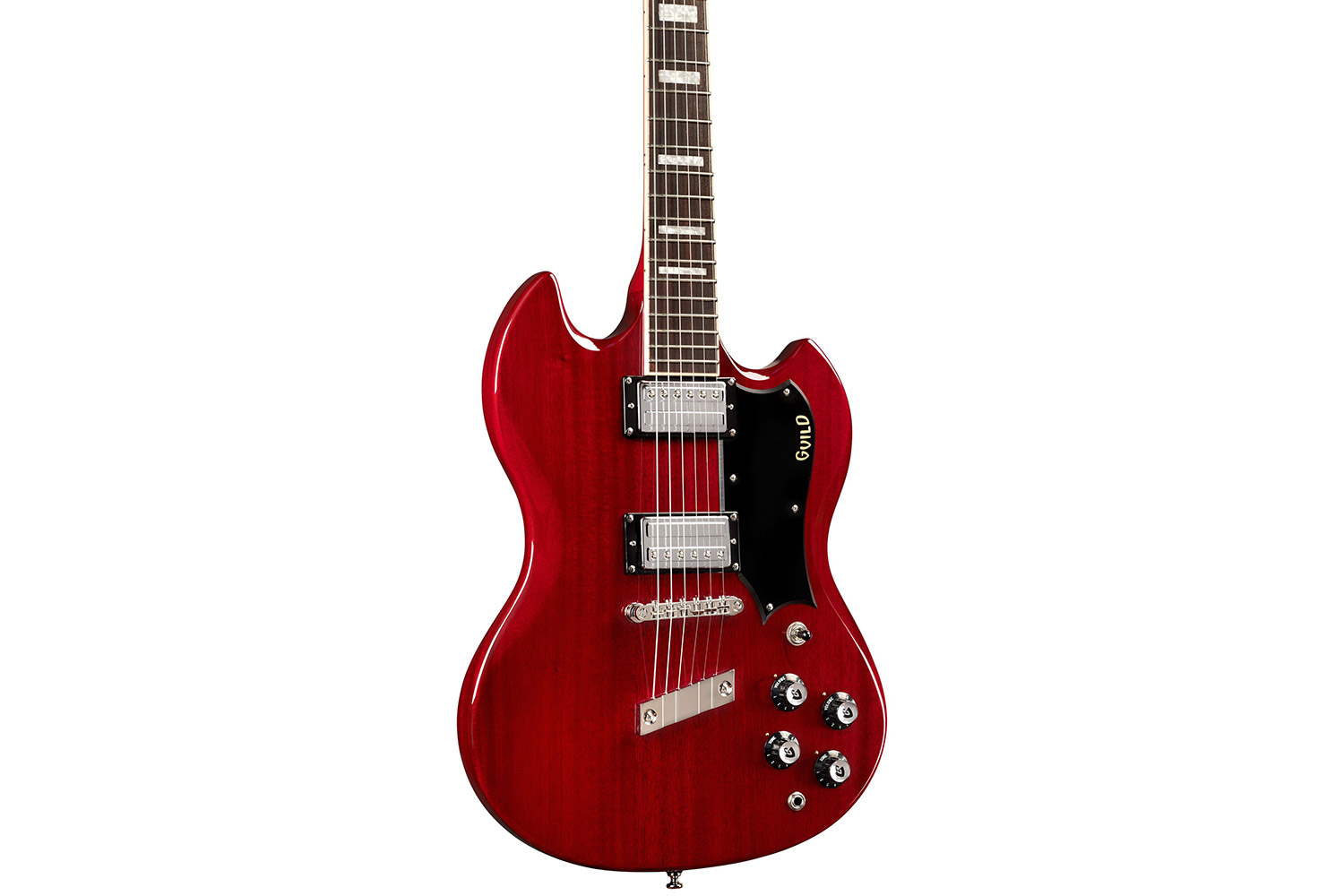 Close up body view of Polara Deluxe Cherry Red guitar