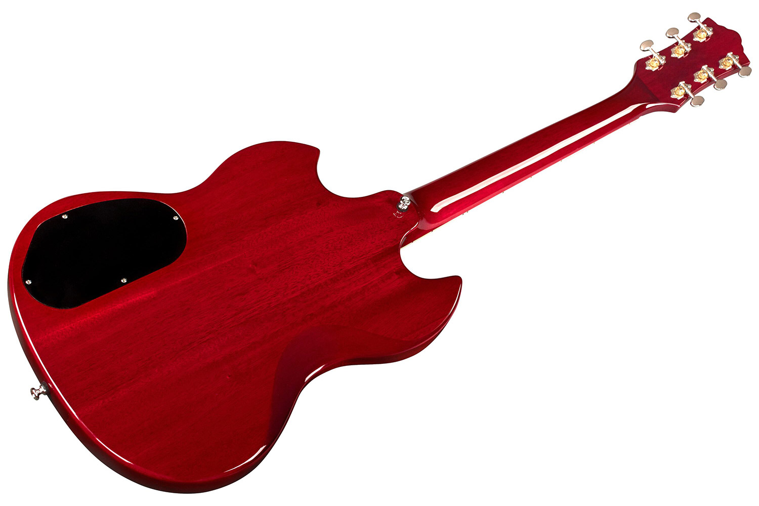 Angled back view of Polara Deluxe Cherry Red guitar
