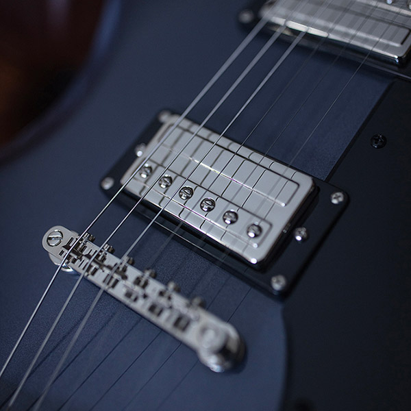 Close-up of Polara Deluxe Canyon Dusk bridge and pickup thumb