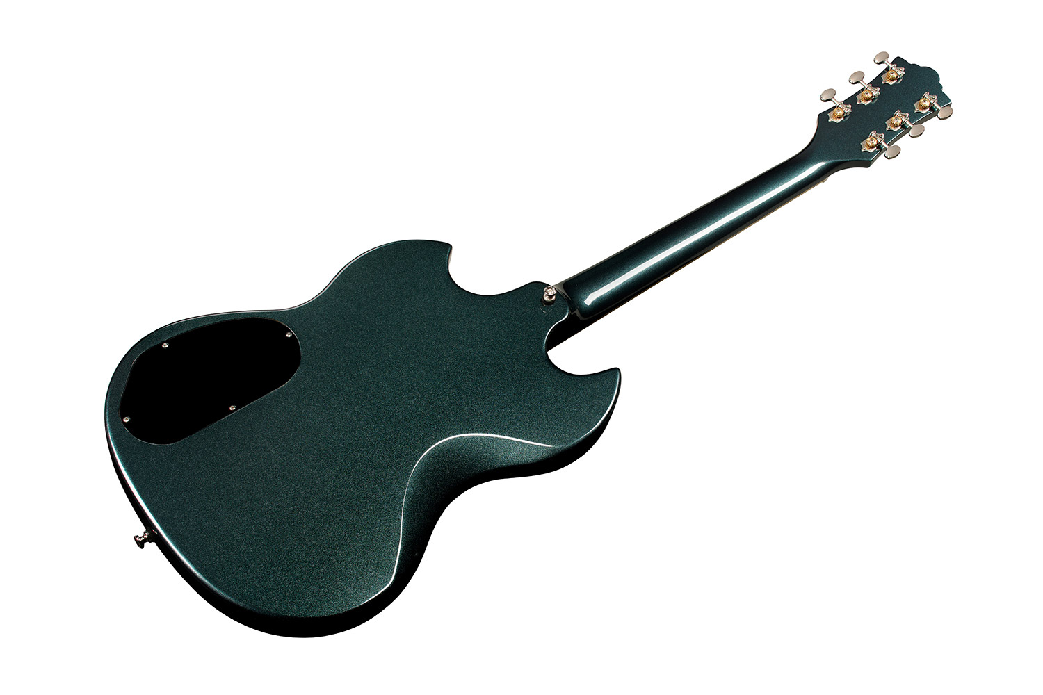 Angled back view of Polara Deluxe Kingswood Green guitar