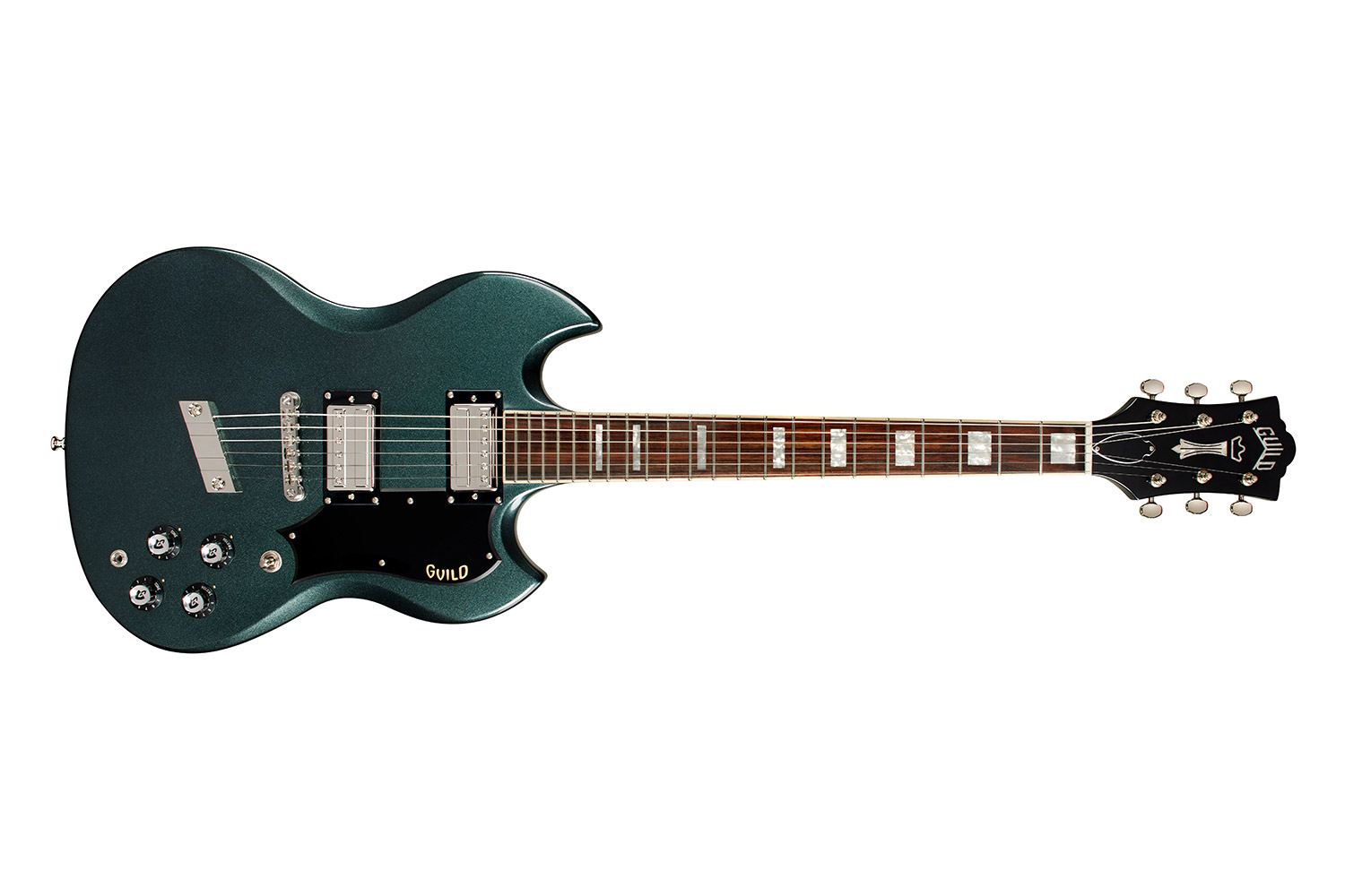 Horizontal back view of Polara Deluxe Kingswood Green guitar