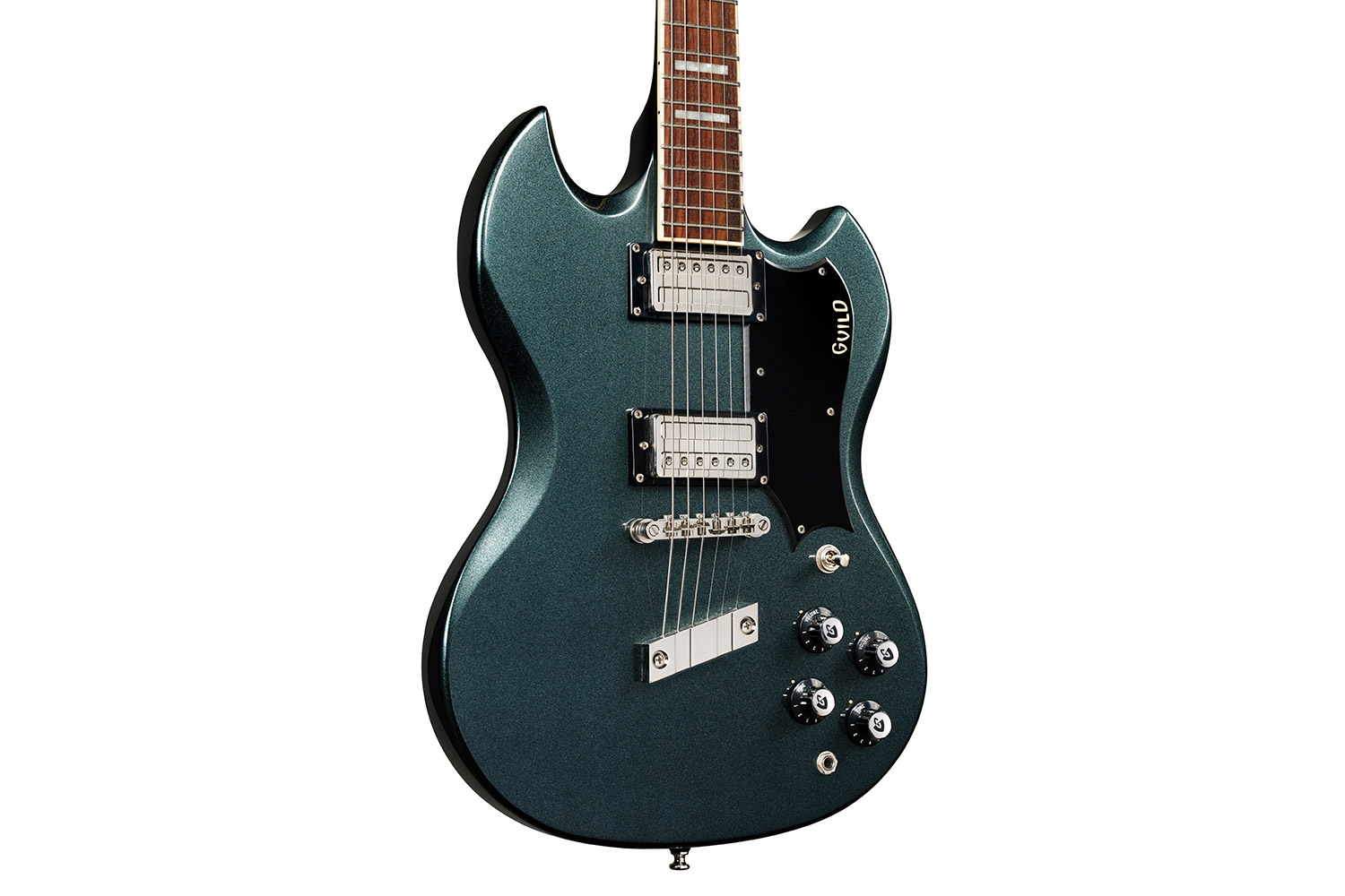 Close up body view of Polara Deluxe Kingswood Green guitar