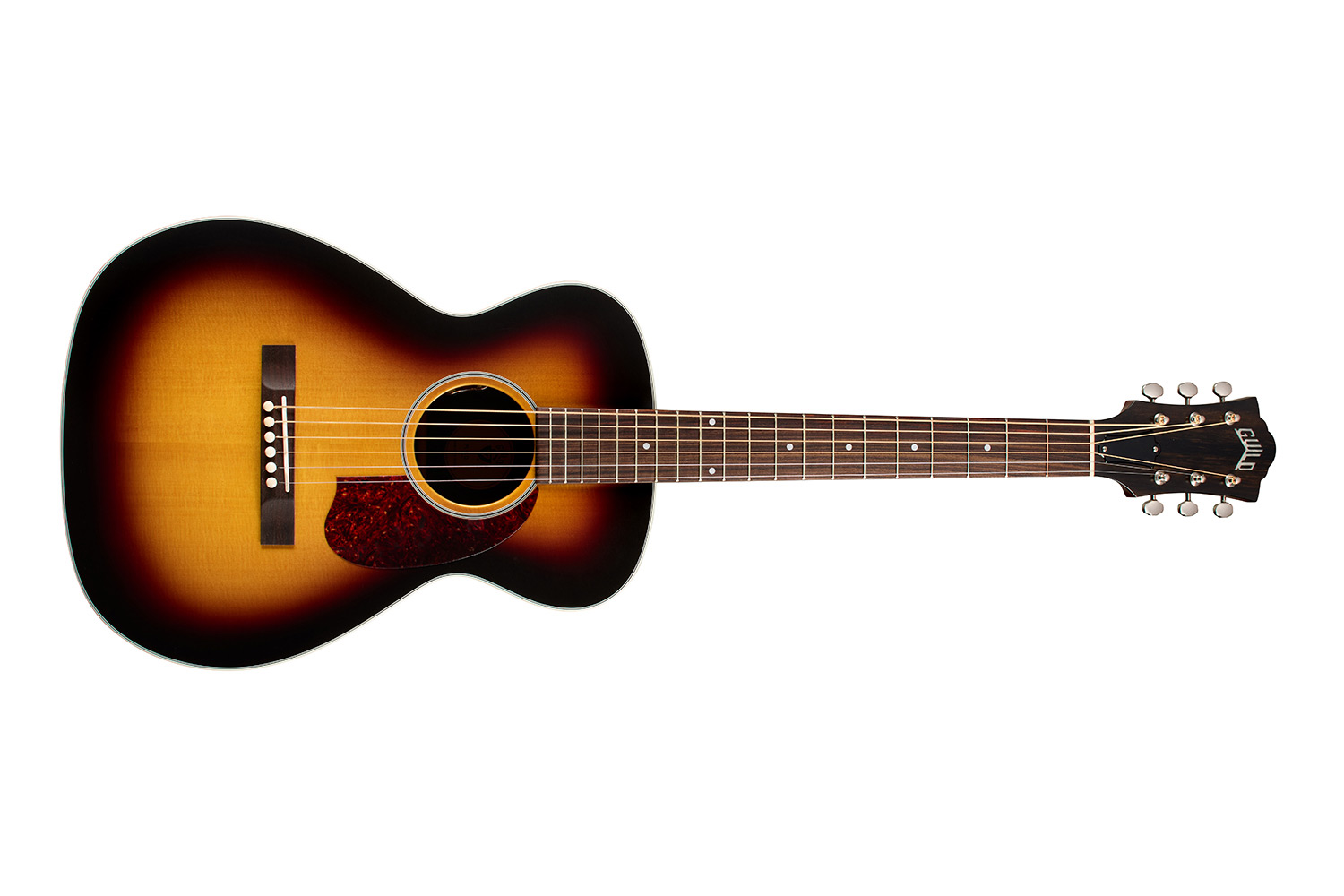 Horizontal front view of M-50 Standard Antique Burst acoustic guitar