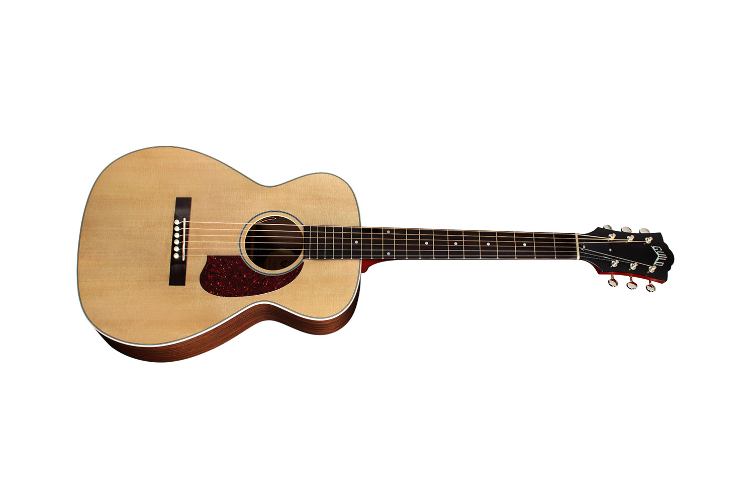 Horizontal side view of M-50 Standard Natural acoustic guitar