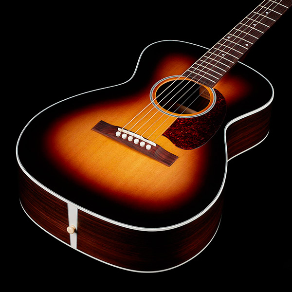 View of M-50 Standard Antique Burst body showcasing solid Sitka spruce top thumb