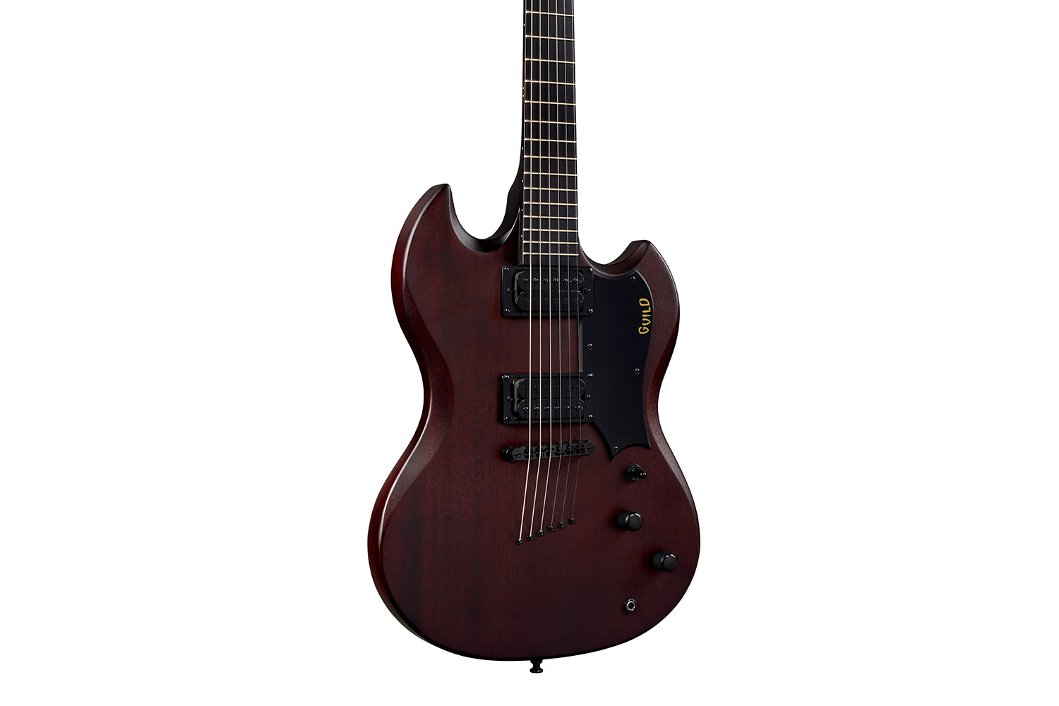 Close-up body view of Polara Limited Night Edition Vintage Walnut electric guitar