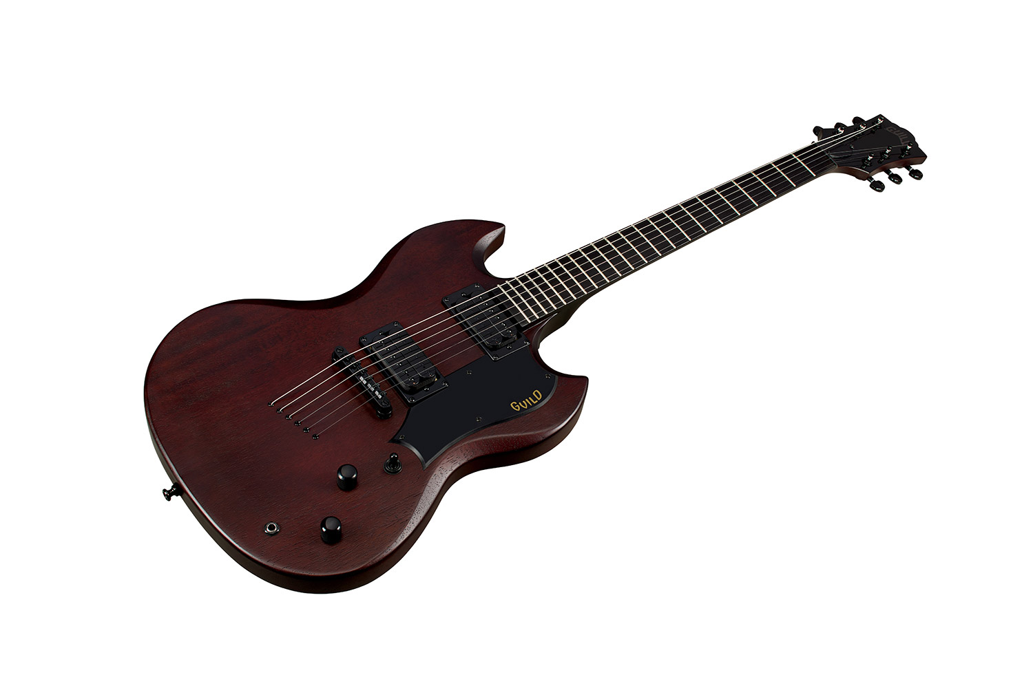 Angled front view of Polara Limited Night Edition Vintage Walnut electric guitar