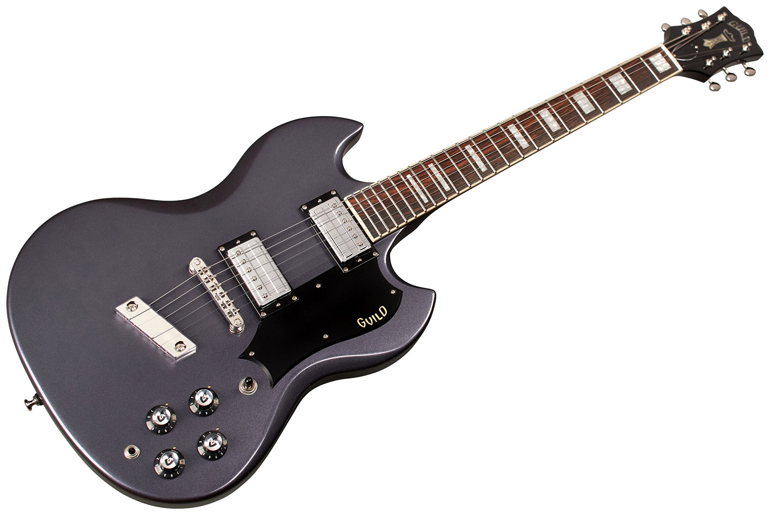 Angled front view of Polara Deluxe Canyon Dusk guitar