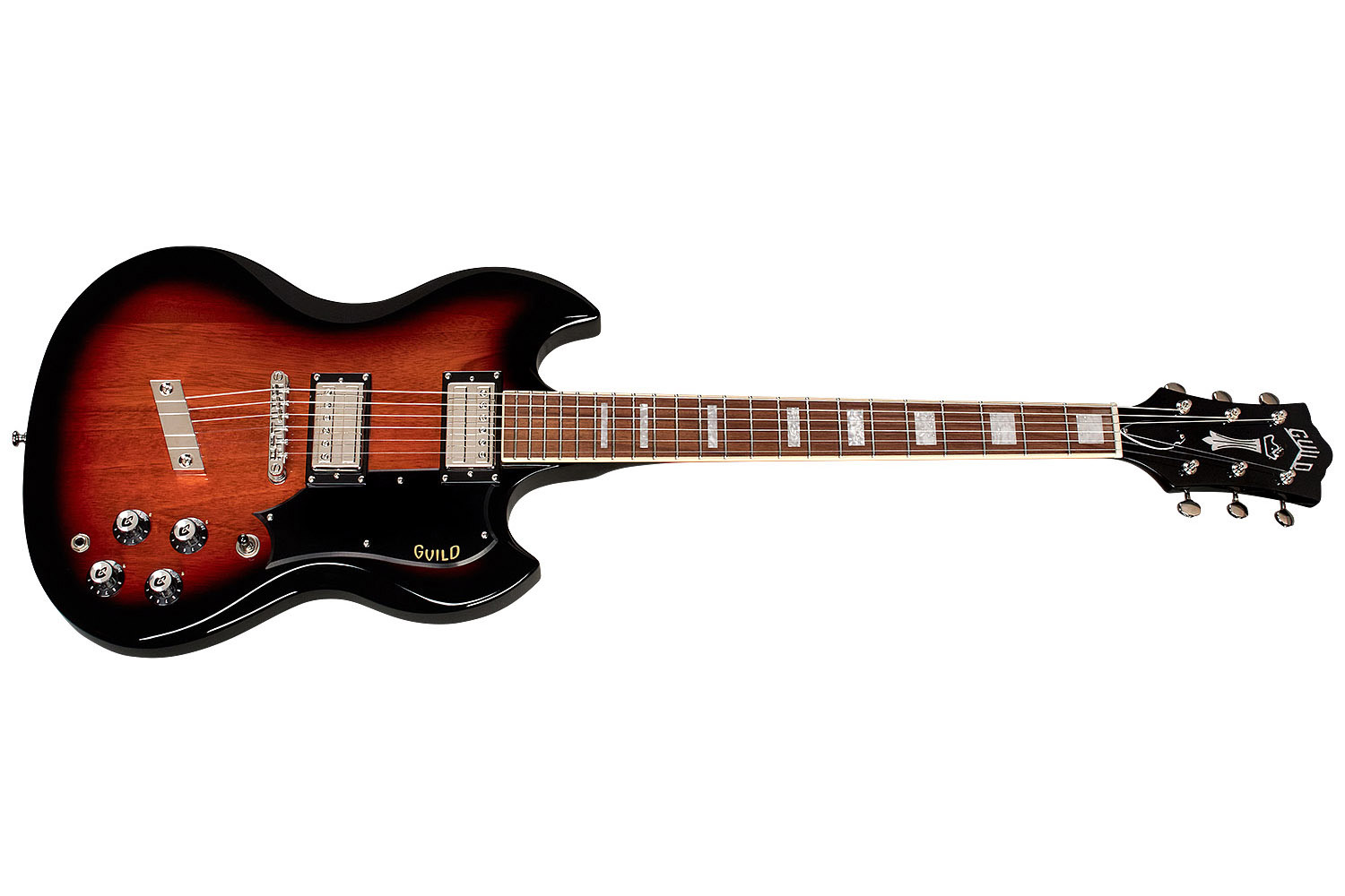 Horizontal side view of Polara Deluxe Vintage Sunburst guitar