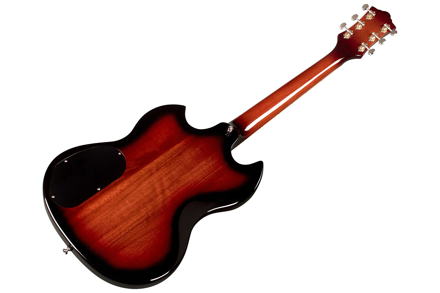 Angled back view of Polara Deluxe Vintage Sunburst guitar