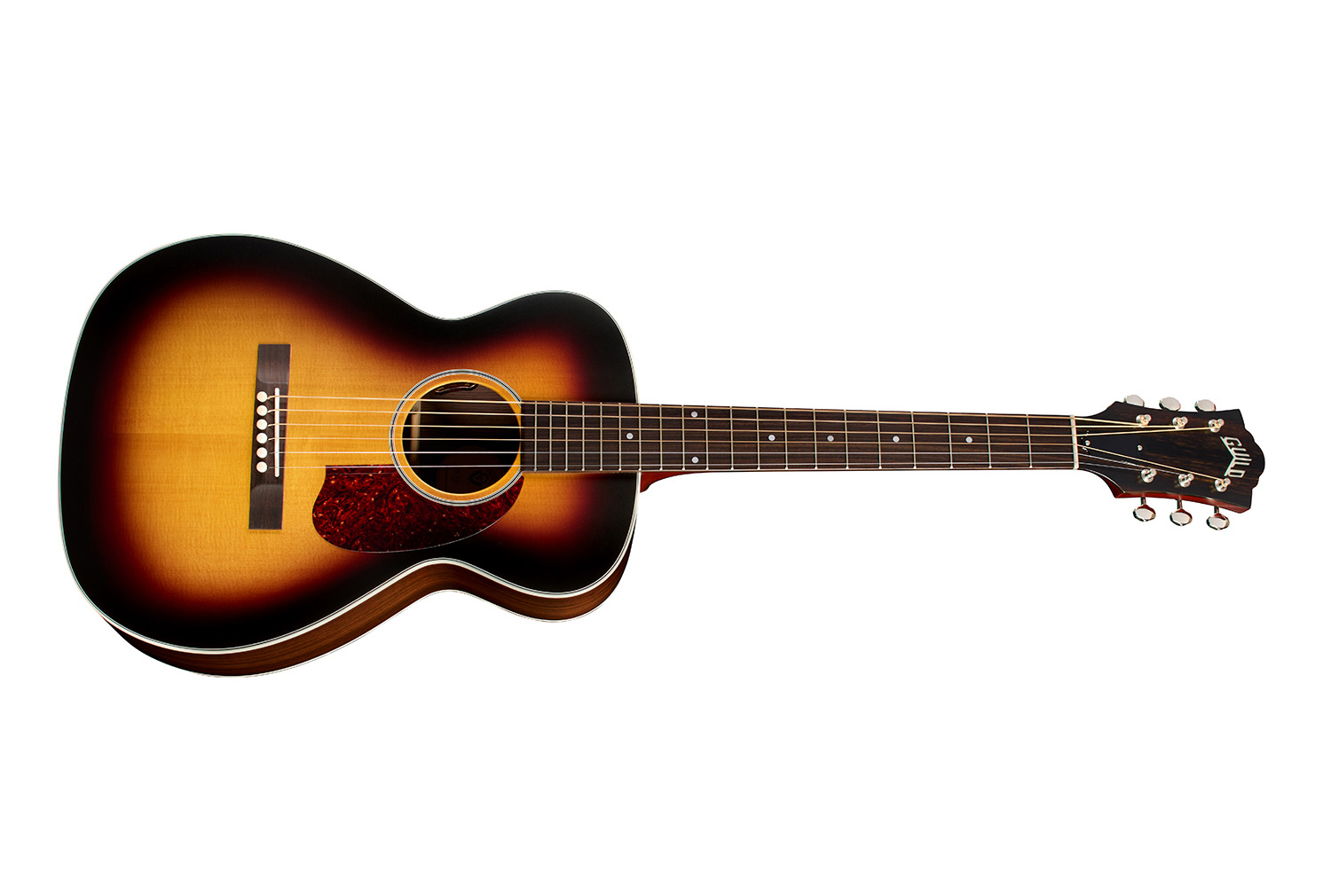 Horizontal side view of M-50 Standard Antique Burst acoustic guitar