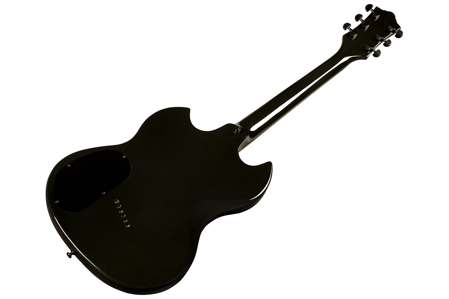 Angled back view of Polara Night Edition Tungsten electric guitar
