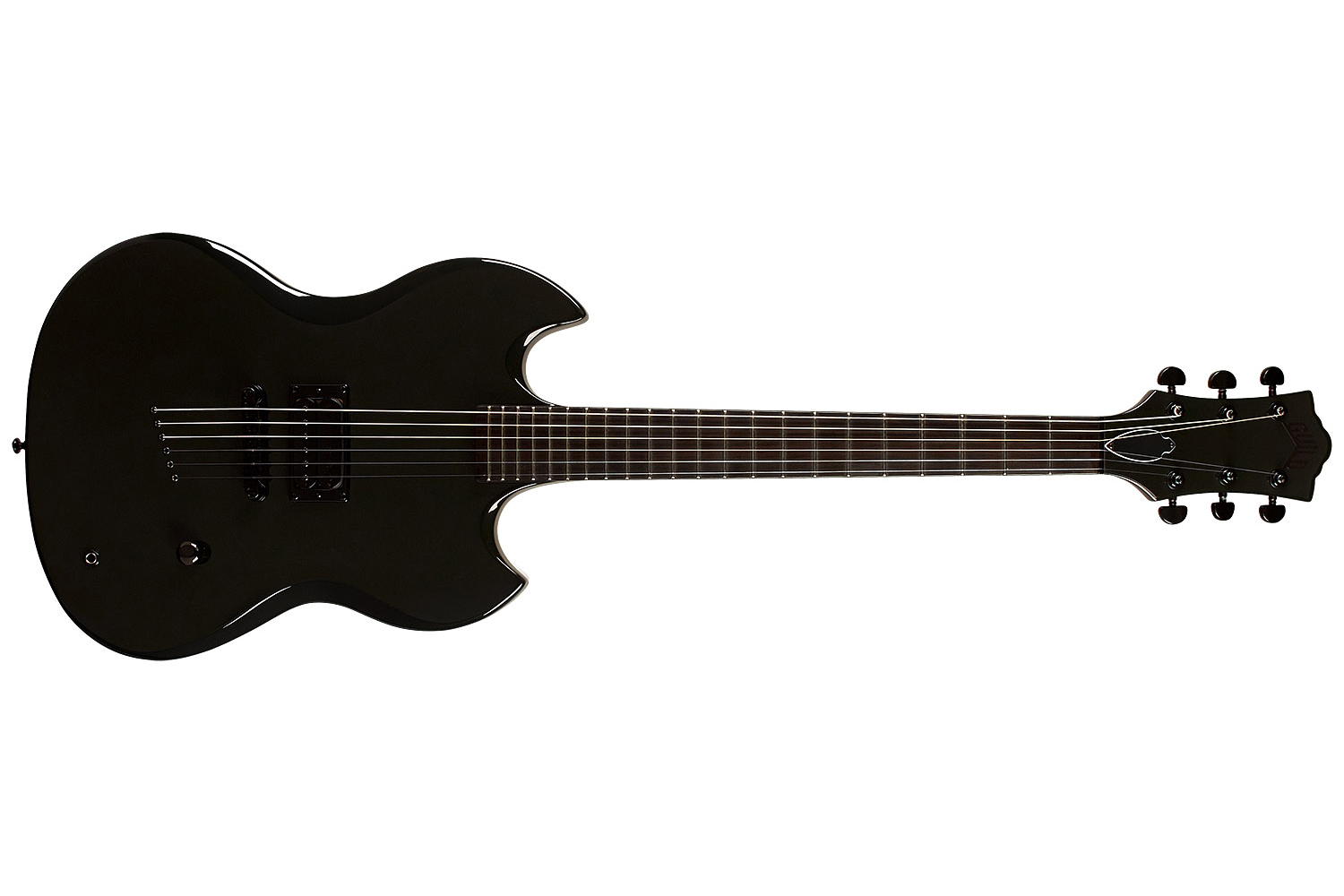 Horizontal front view of Polara Night Edition Tungsten electric guitar