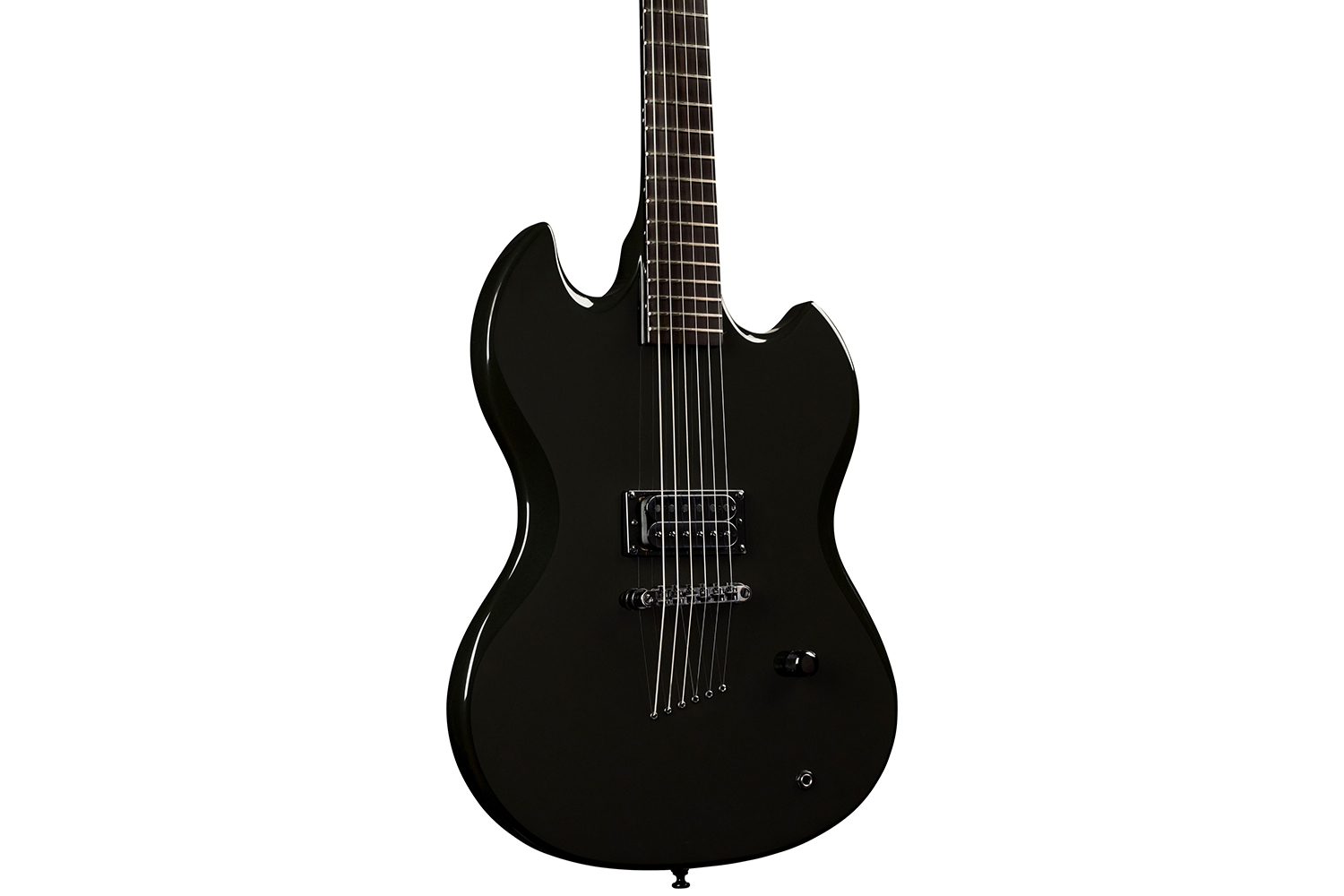 Close-up body view of Polara Night Edition Tungsten electric guitar