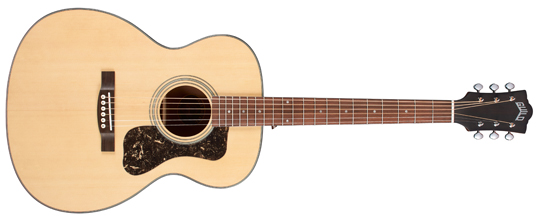 Horizontal front view of the Guild OM-340 acoustic guitar