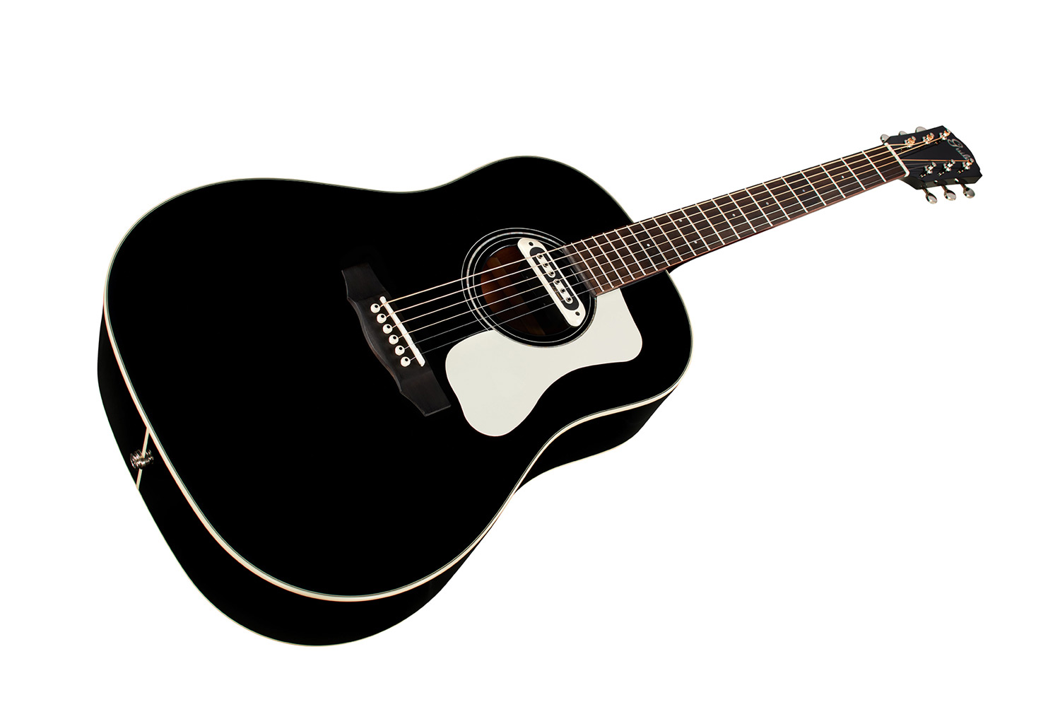 Horizontal view of DS-240E Black acoustic guitar slightly angled