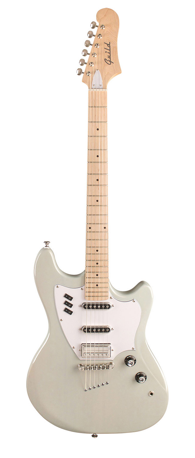 Vertical front view of Surfliner Sage White electric guitar 
