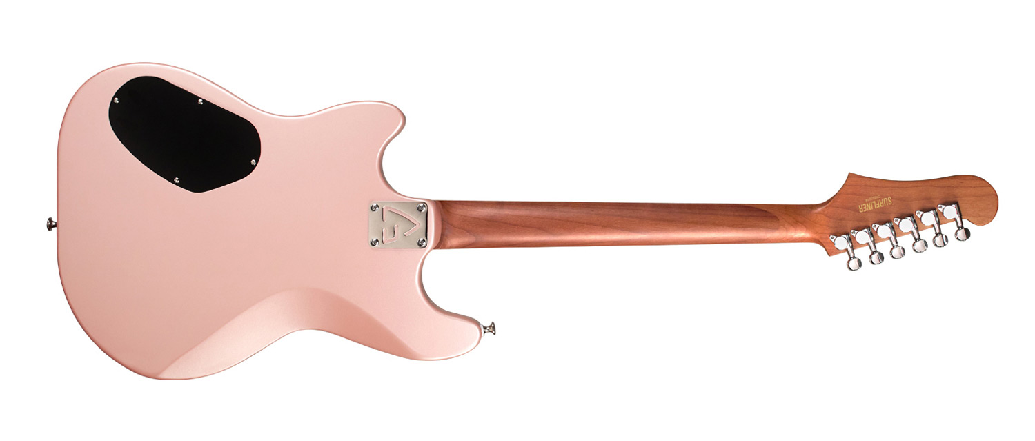 Horizontal back  view of Surfliner Deluxe Rose Quartz electric guitar 