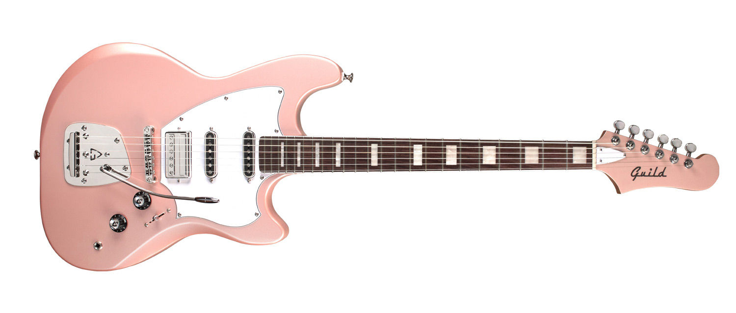 Horizontal front view of Surfliner Deluxe Rose Quartz electric guitar 