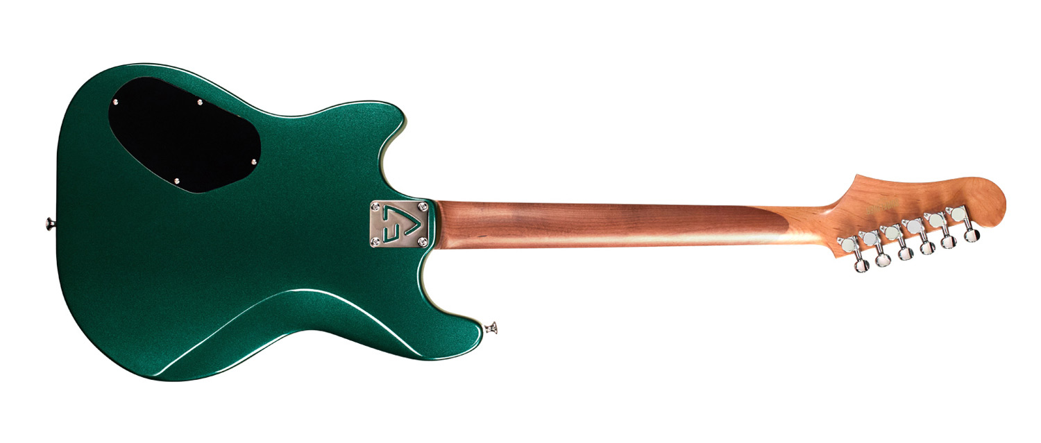 Horizontal back  view of Surfliner Deluxe Emerald Green electric guitar 