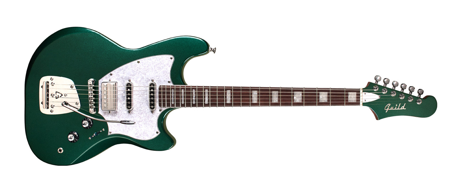 Horizontal front view of Surfliner Deluxe Emerald Green electric guitar 