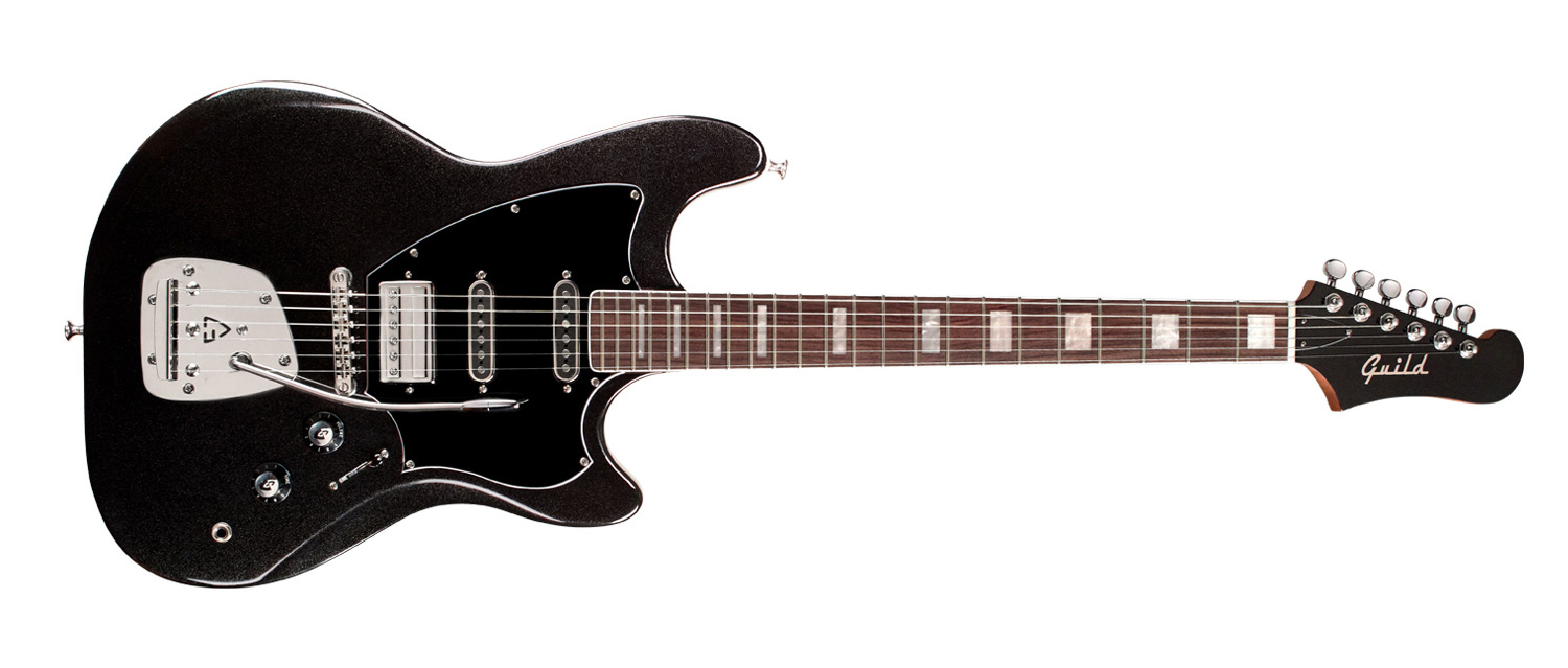 Horizontal front view of Surfliner Deluxe Black electric guitar 