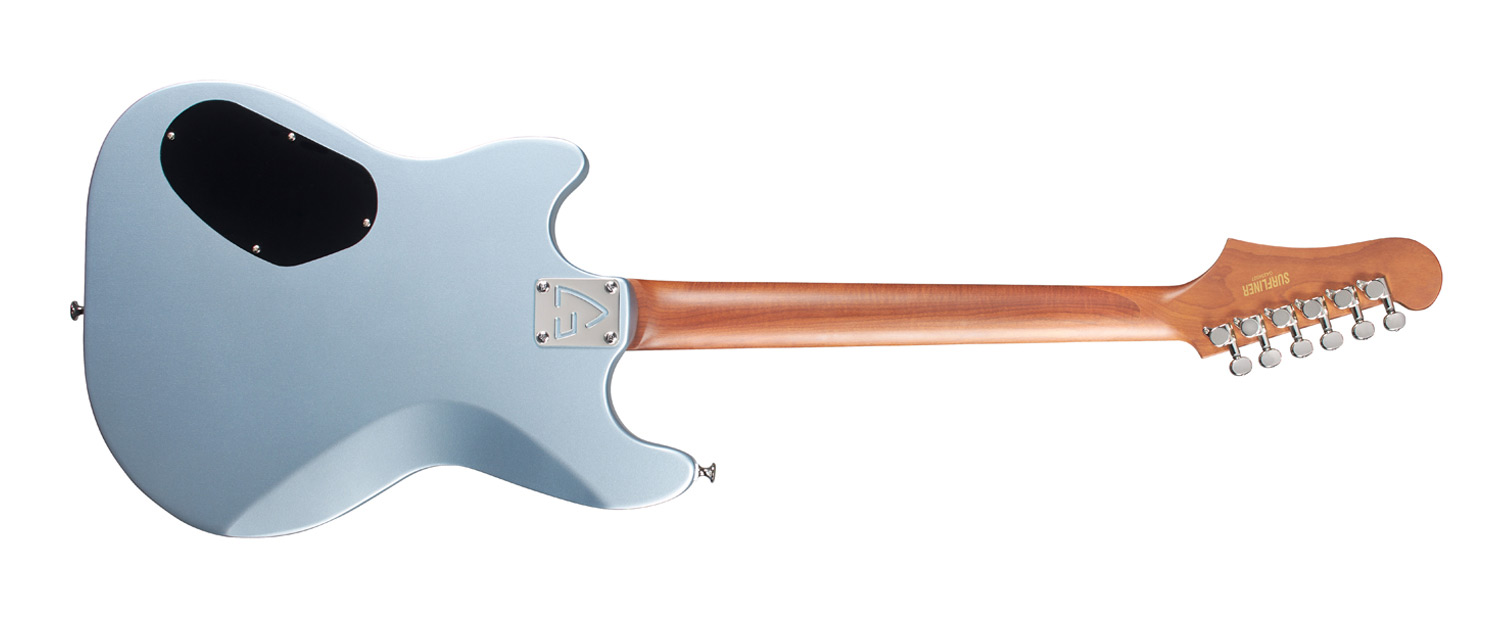 Horizontal back  view of Surfliner Deluxe Glacier Blue electric guitar 