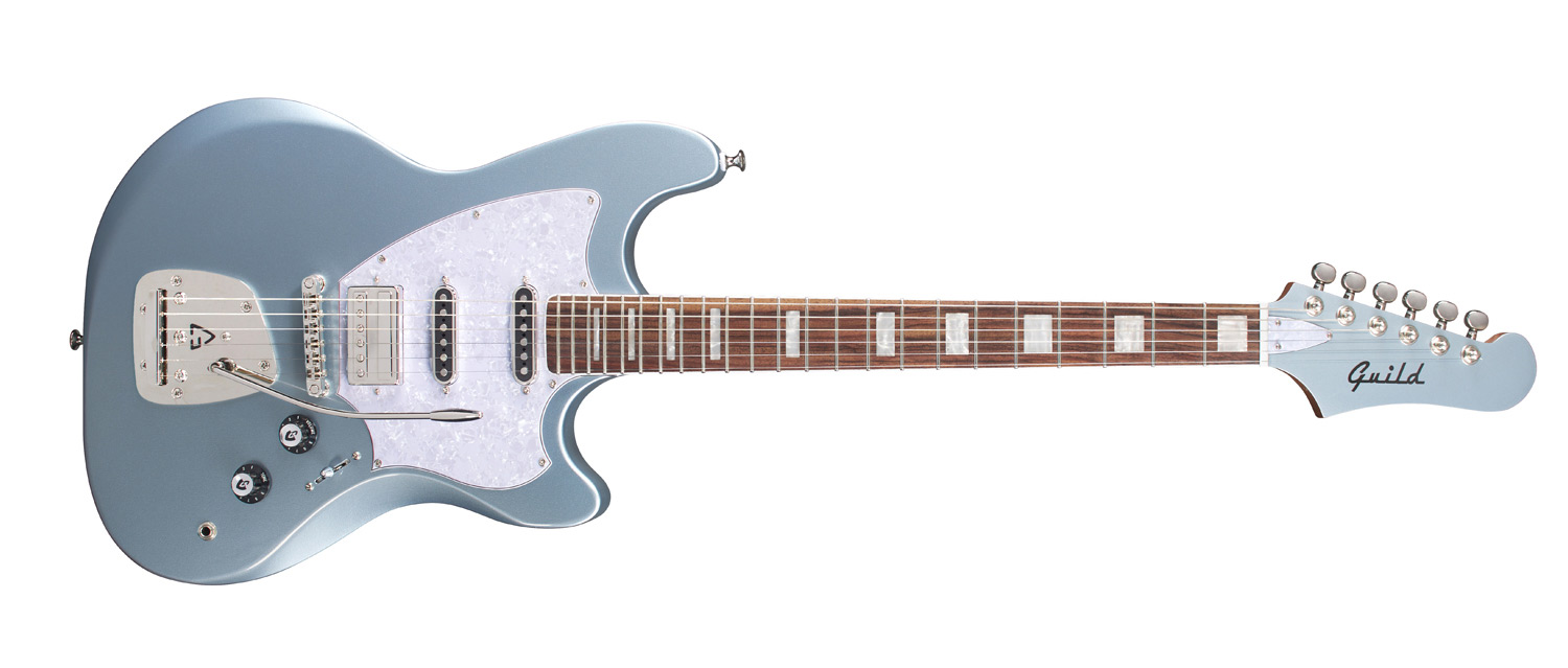 Horizontal front view of Surfliner Deluxe Glacier Blue electric guitar 