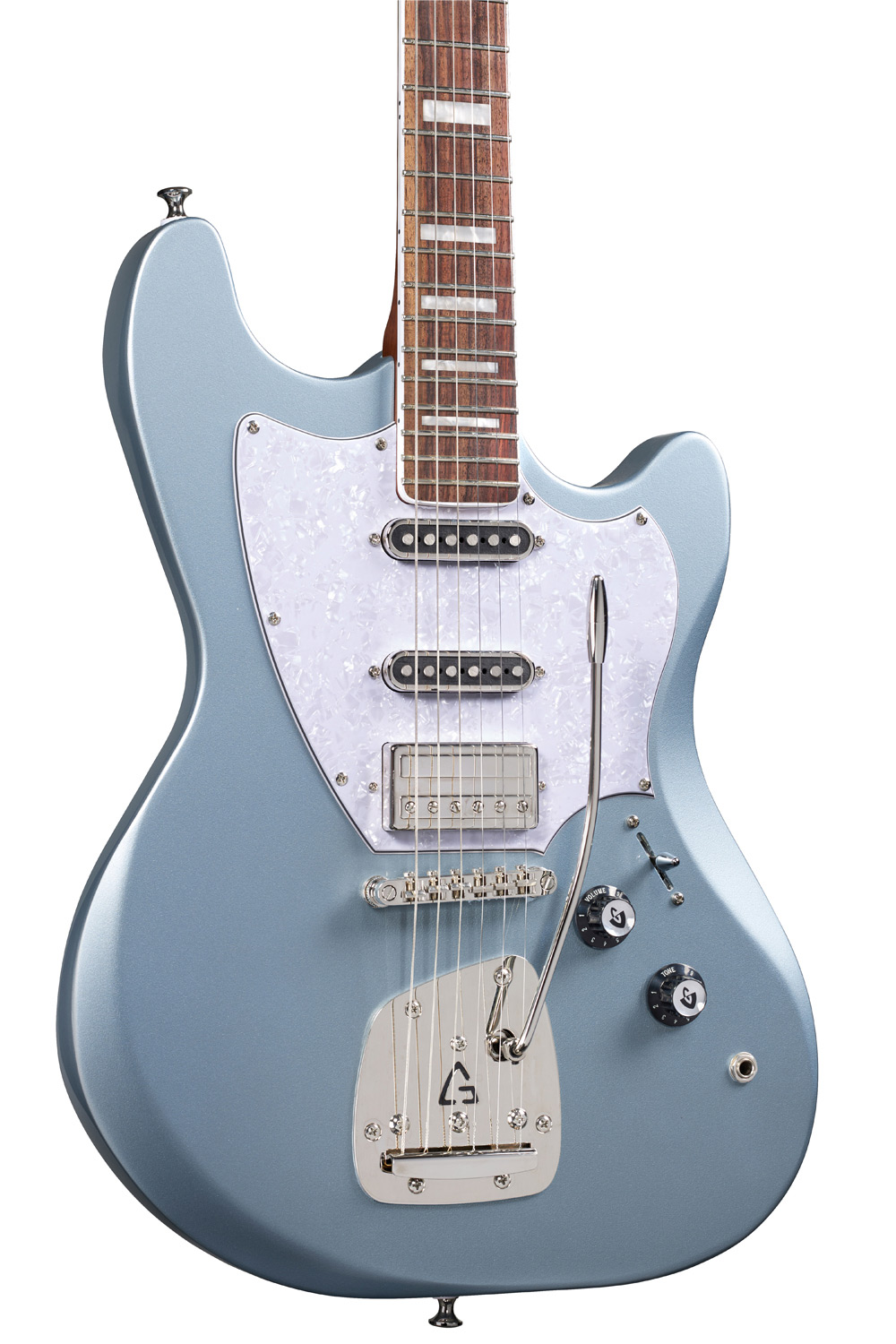 Close up Body view of Surfliner Deluxe Glacier Blue electric guitar 