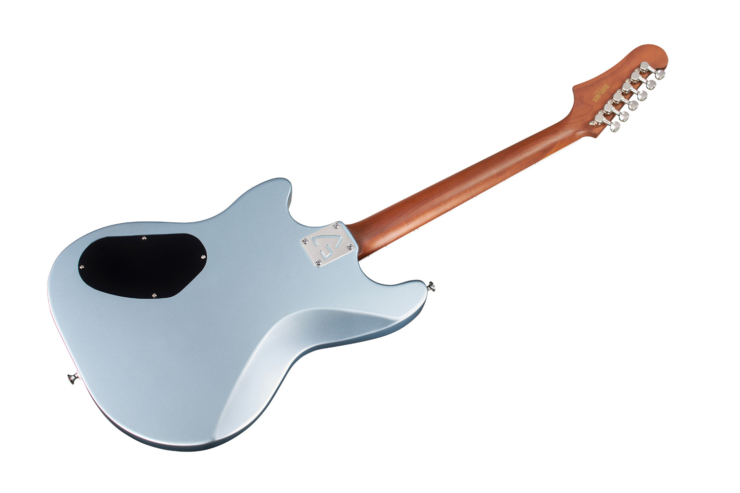 Angled back view of Surfliner Deluxe Glacier Blue electric guitar 