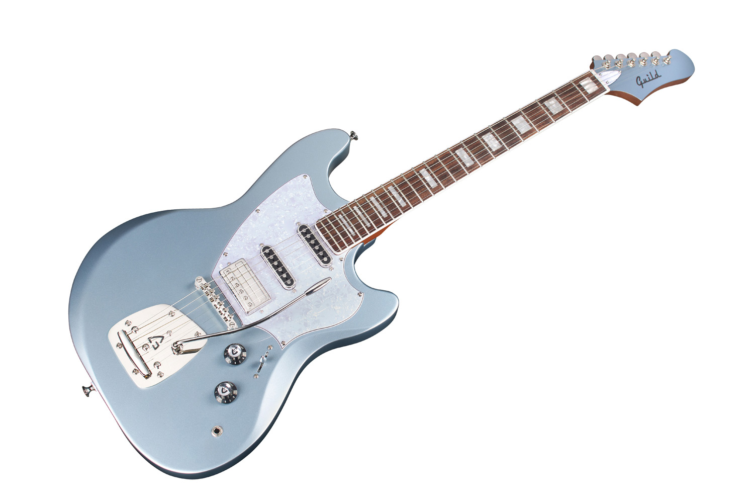 Angled front view of Surfliner Deluxe Glacier Blue electric guitar 