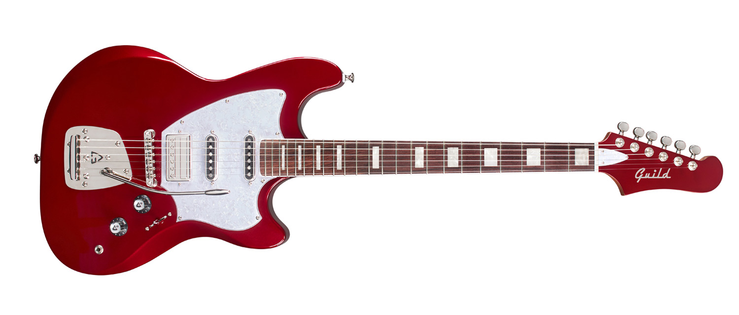 Horizontal front view of Surfliner Deluxe Scarlett Red electric guitar 