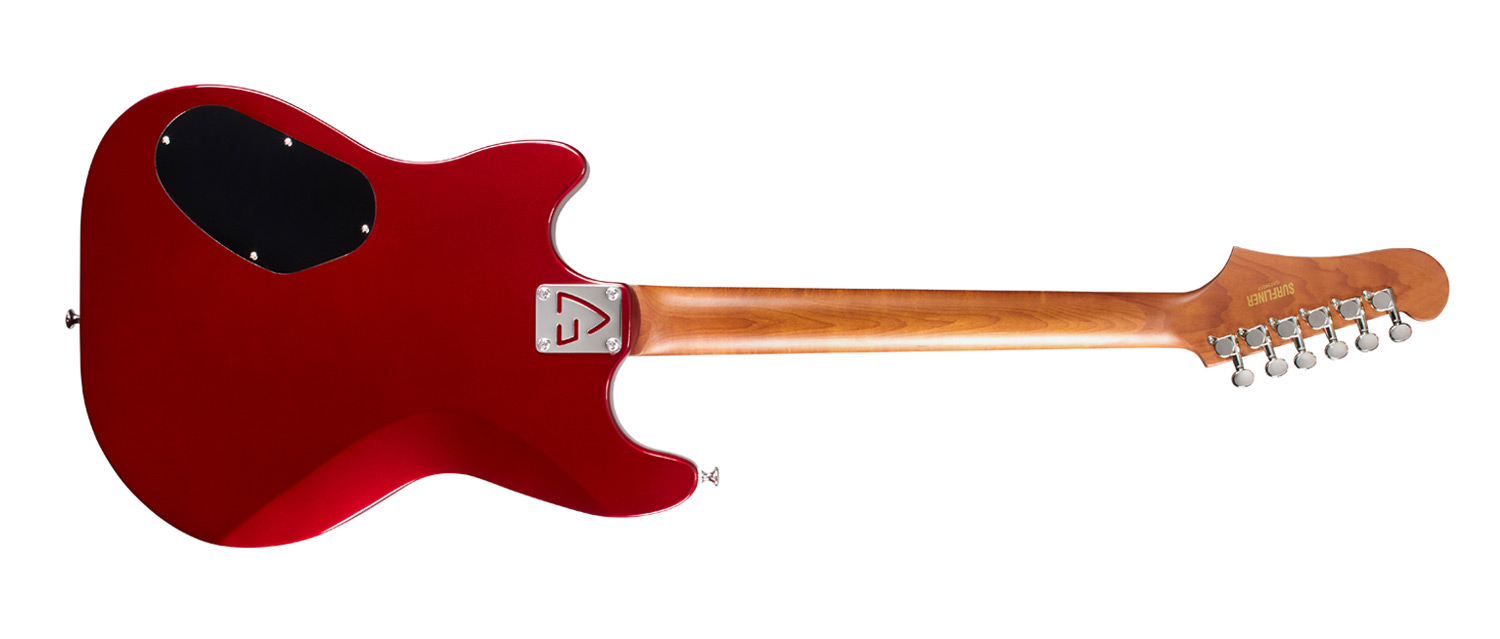 Horizontal back  view of Surfliner Deluxe Scarlett Red electric guitar 