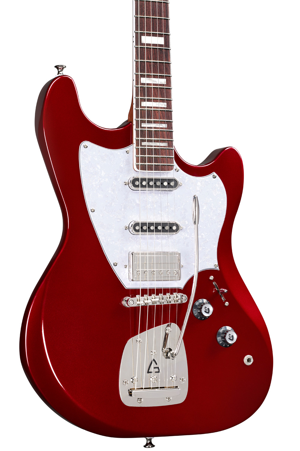 Close up Body view of Surfliner Deluxe Scarlett Red electric guitar 