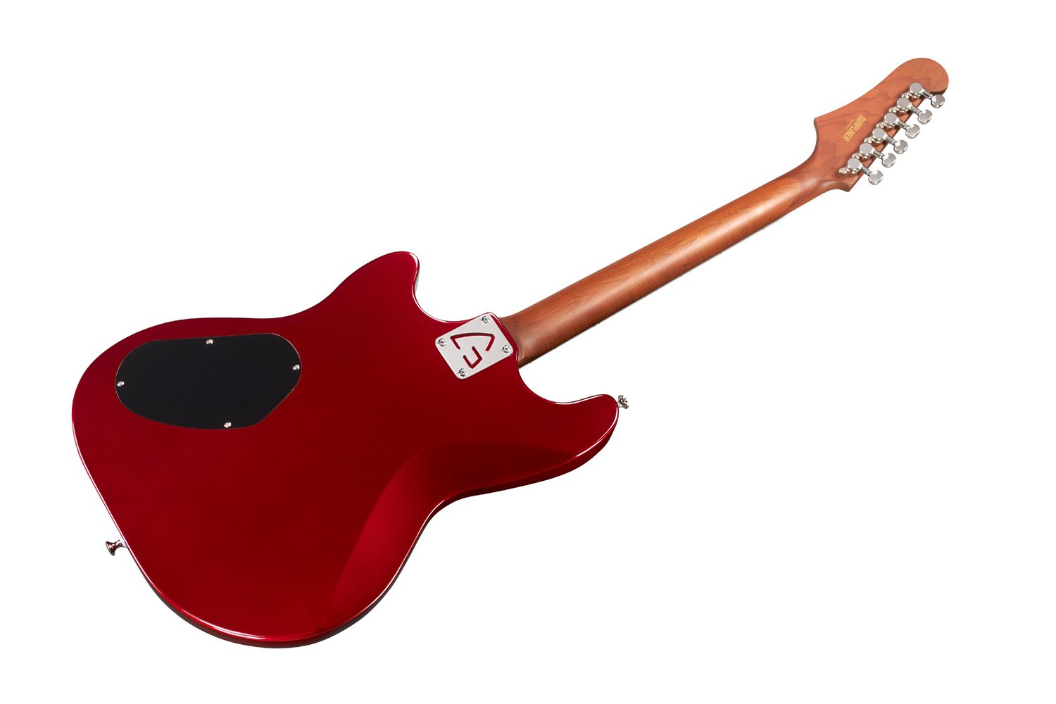 Angled back view of Surfliner Deluxe Scarlett Red electric guitar 