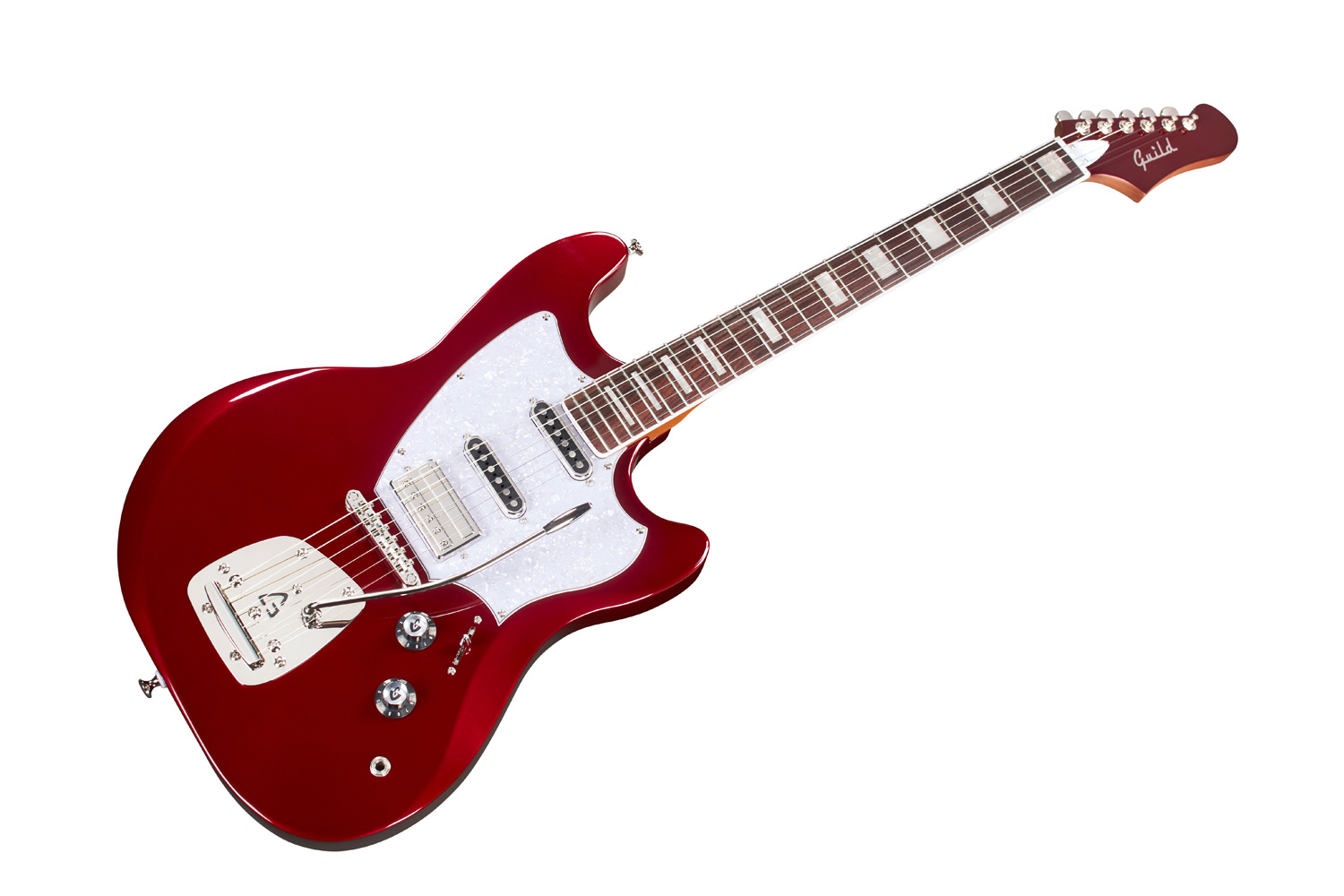 Angled front view of Surfliner Deluxe Scarlett Red electric guitar 