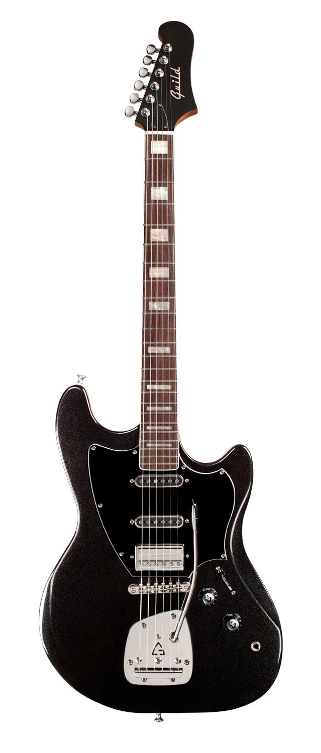 Vertical front view of Surfliner Deluxe Black electric guitar 