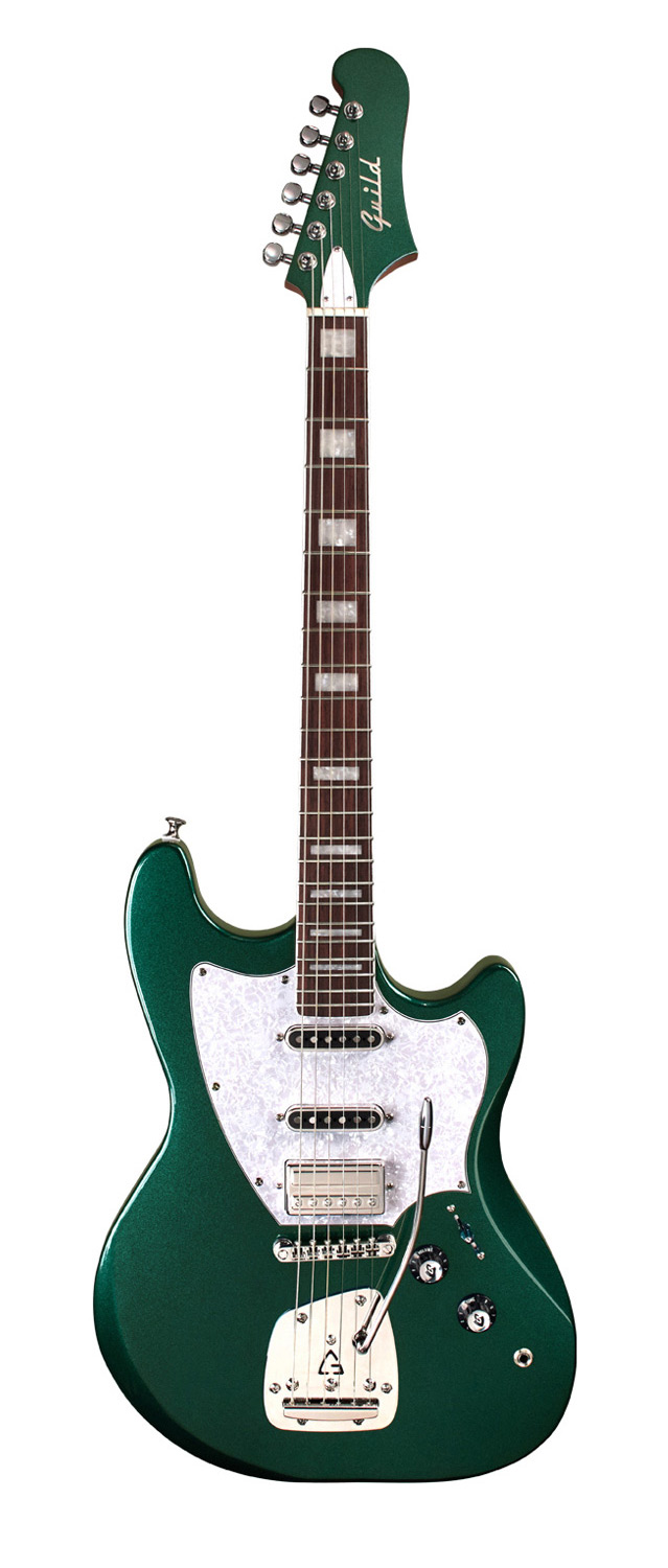 Vertical front view of Surfliner Deluxe Emerald Green electric guitar 