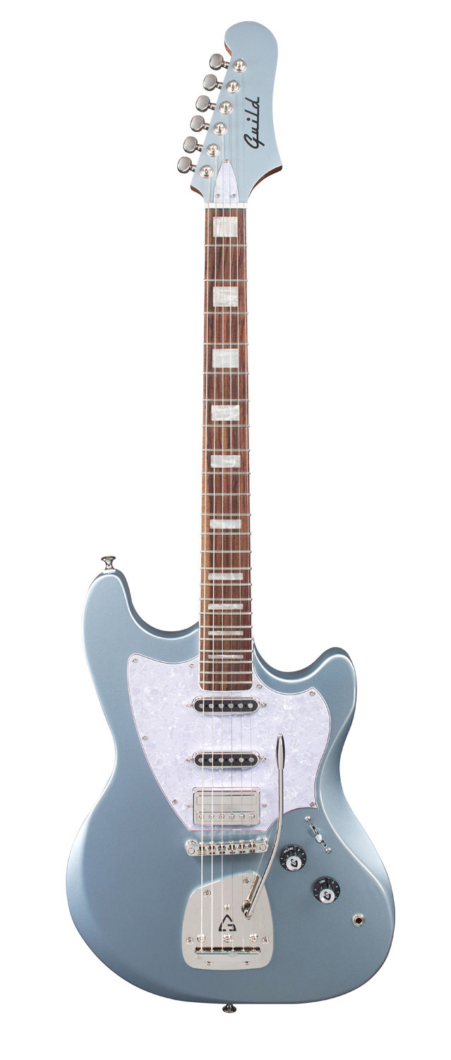 Vertical front view of Surfliner Deluxe Glacier Blue electric guitar 