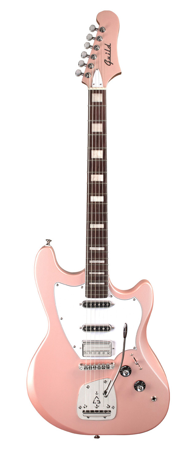 Vertical front view of Surfliner Deluxe Rose Quartz electric guitar 