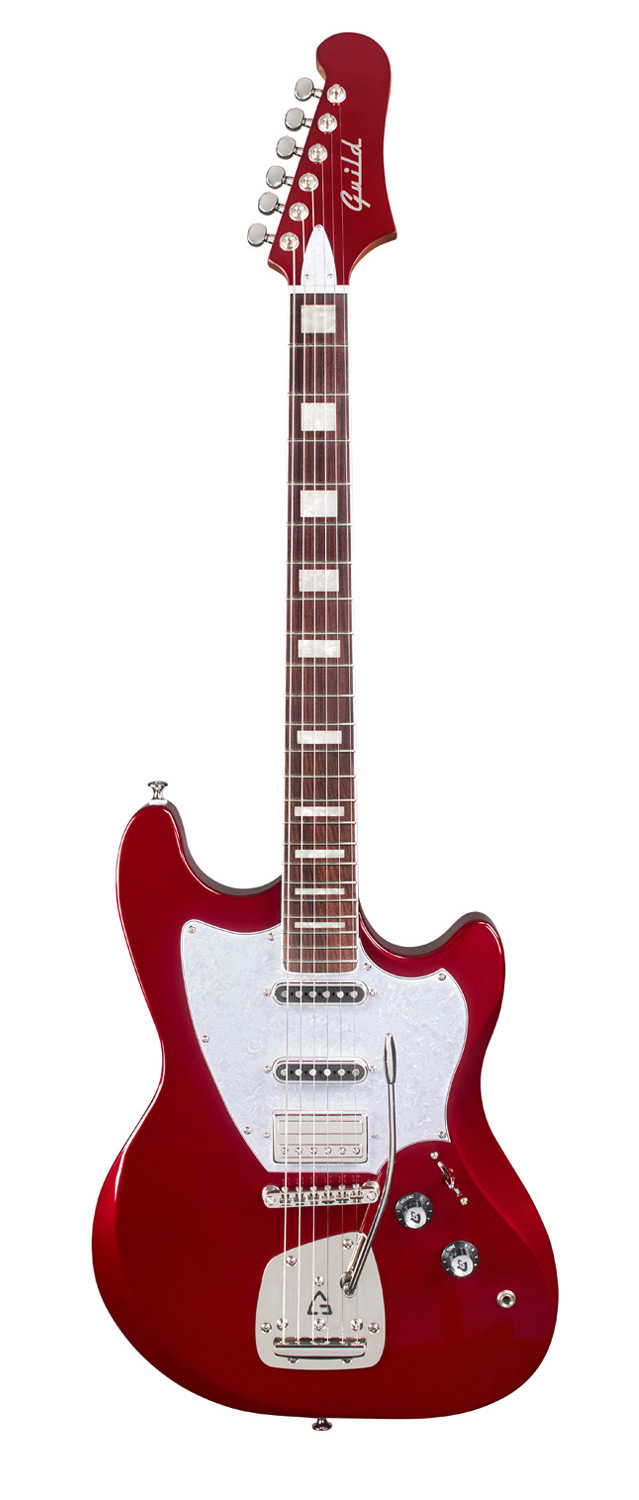 Vertical front view of Surfliner Deluxe Scarlett Red electric guitar 