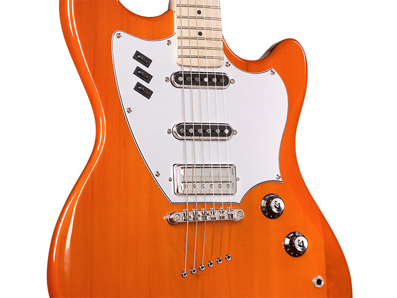 Close up front body view of Surfliner Sunset Orange electric guitar 