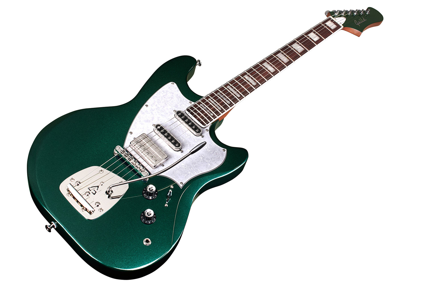 Angled front view of Surfliner Deluxe Emerald Green  electric guitar 