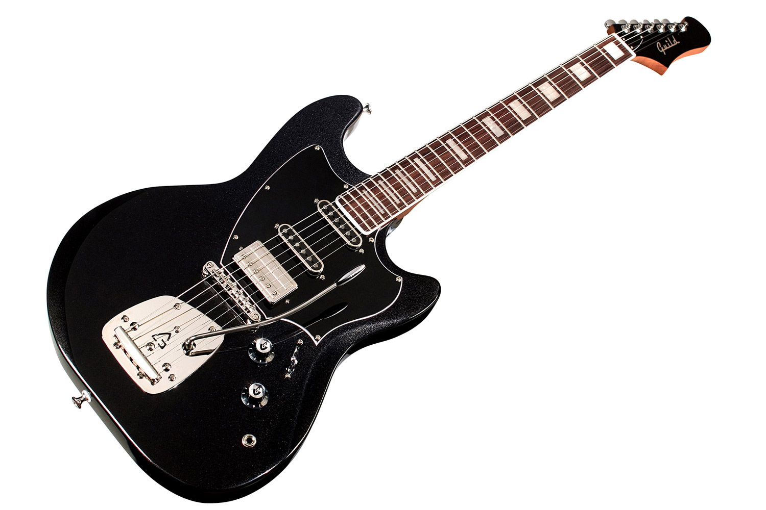 Angled front view of Surfliner Deluxe Black  electric guitar 