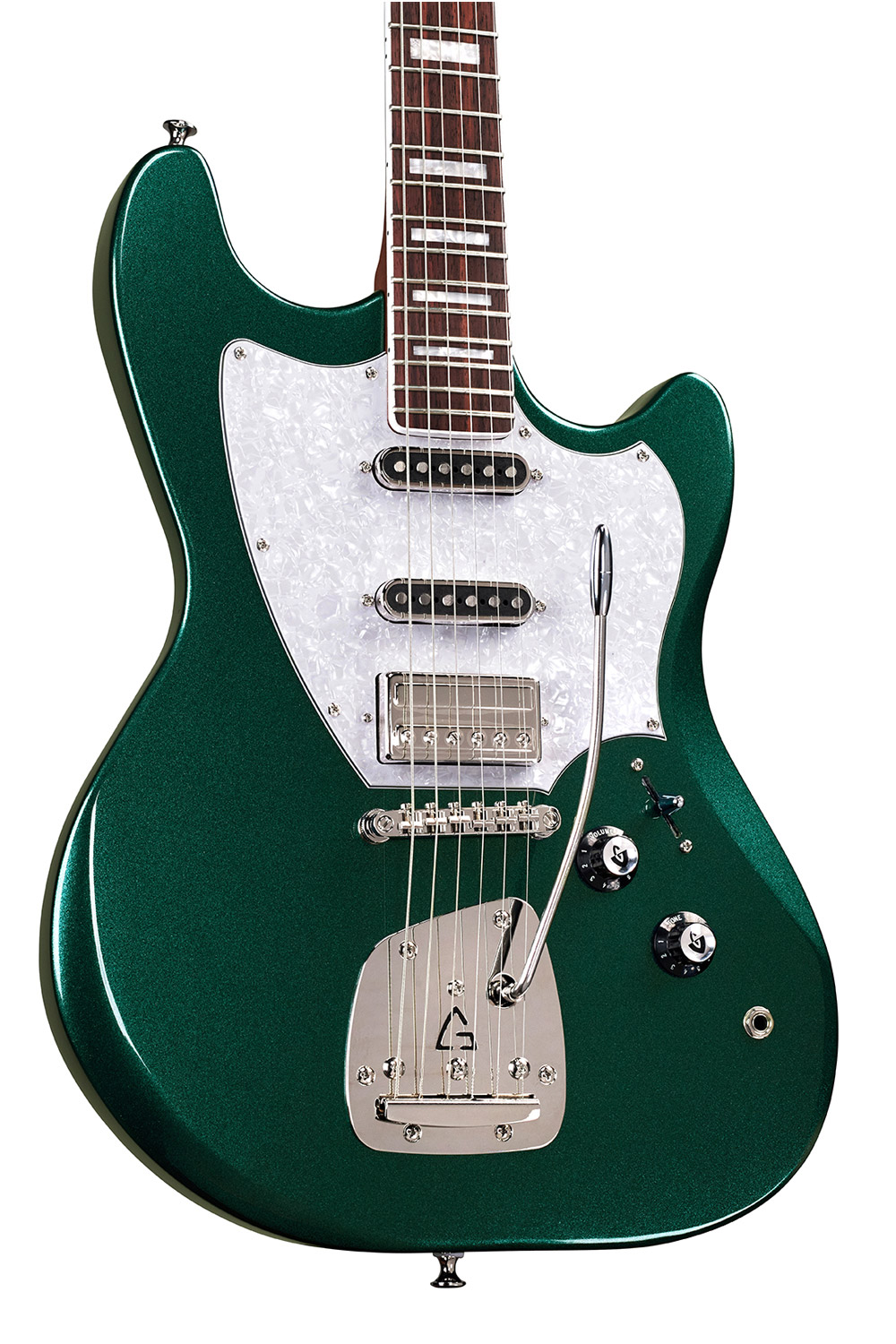 Close up Body view of Surfliner Deluxe  Emerald Green  electric guitar 