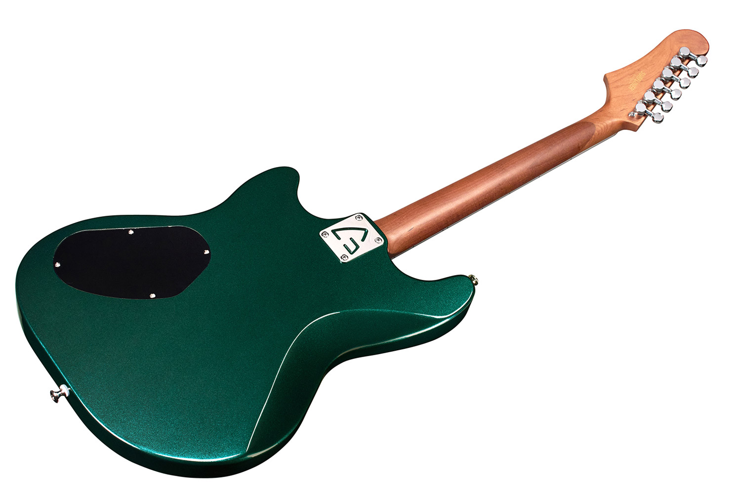 Angled back view of Surfliner Deluxe Emerald Green  electric guitar 