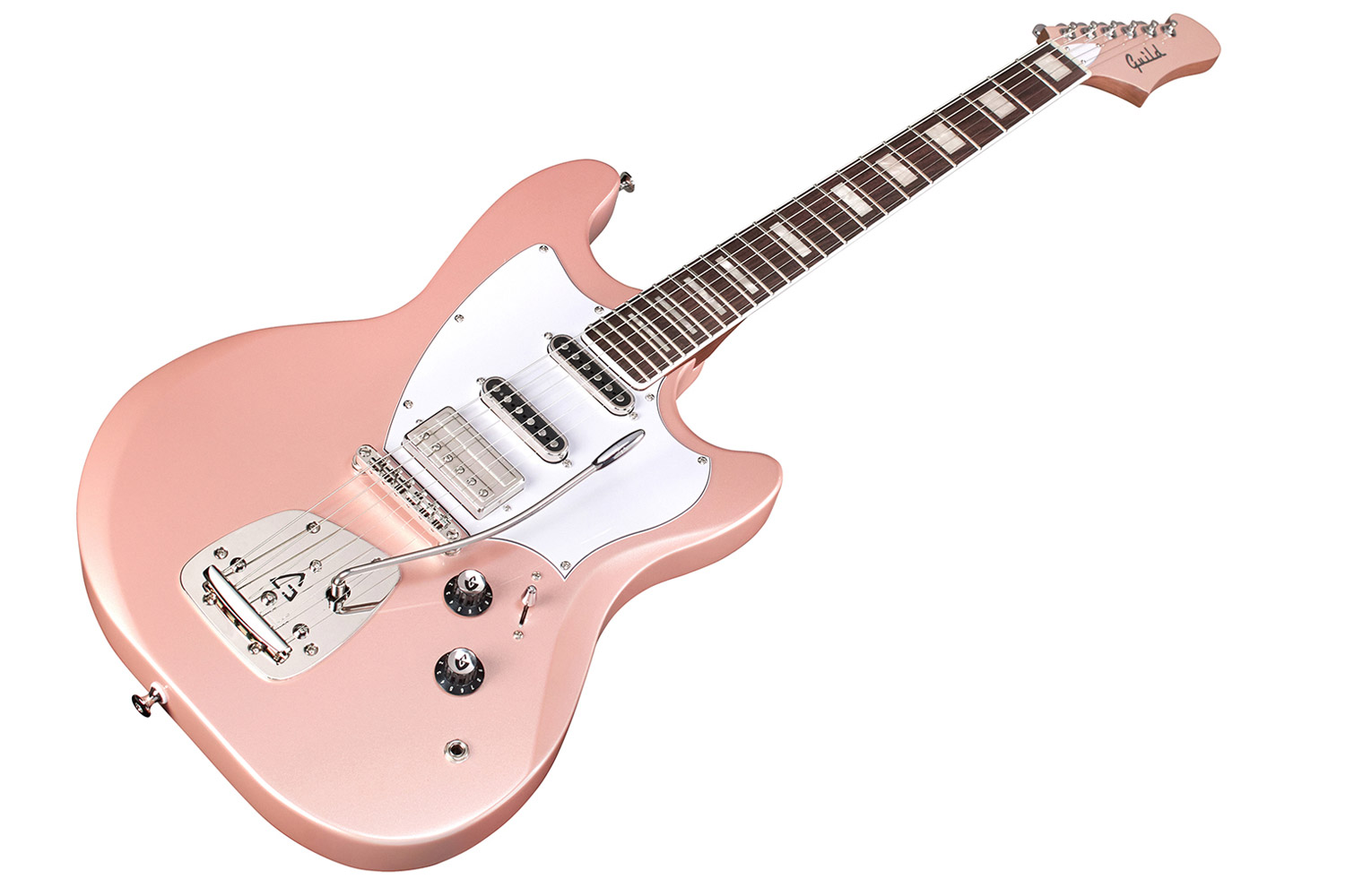 Angled front view of Surfliner Deluxe Rose Quartz  electric guitar 