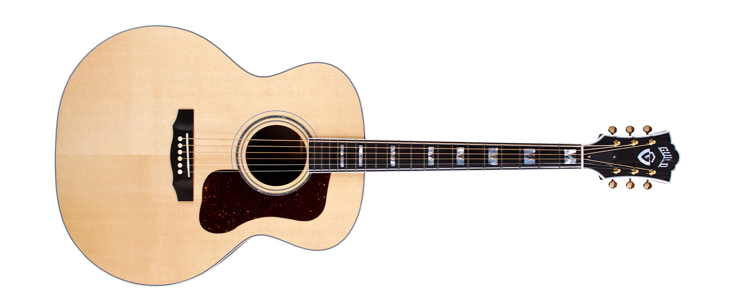 Horizontal front view of F-55 natural guitar