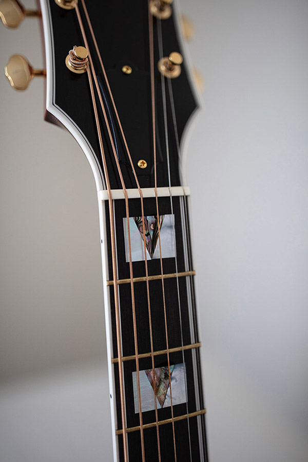 Close-up of GSR D-55 70th Anniversary Limited guitar neck featuring intricate inlays and gold tuning pegs. The strings are visible against a dark wood fretboard.